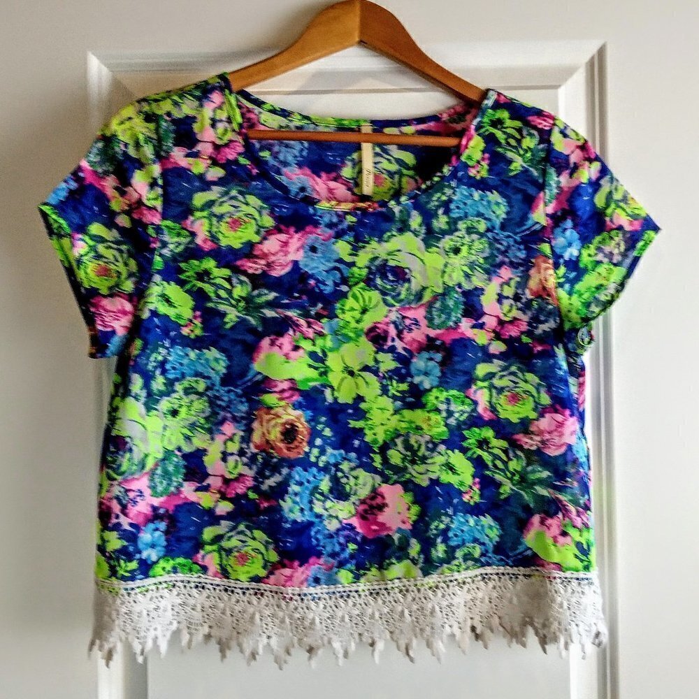 Primi Neon Green Pink Blue Floral Crochet Hem SS Top